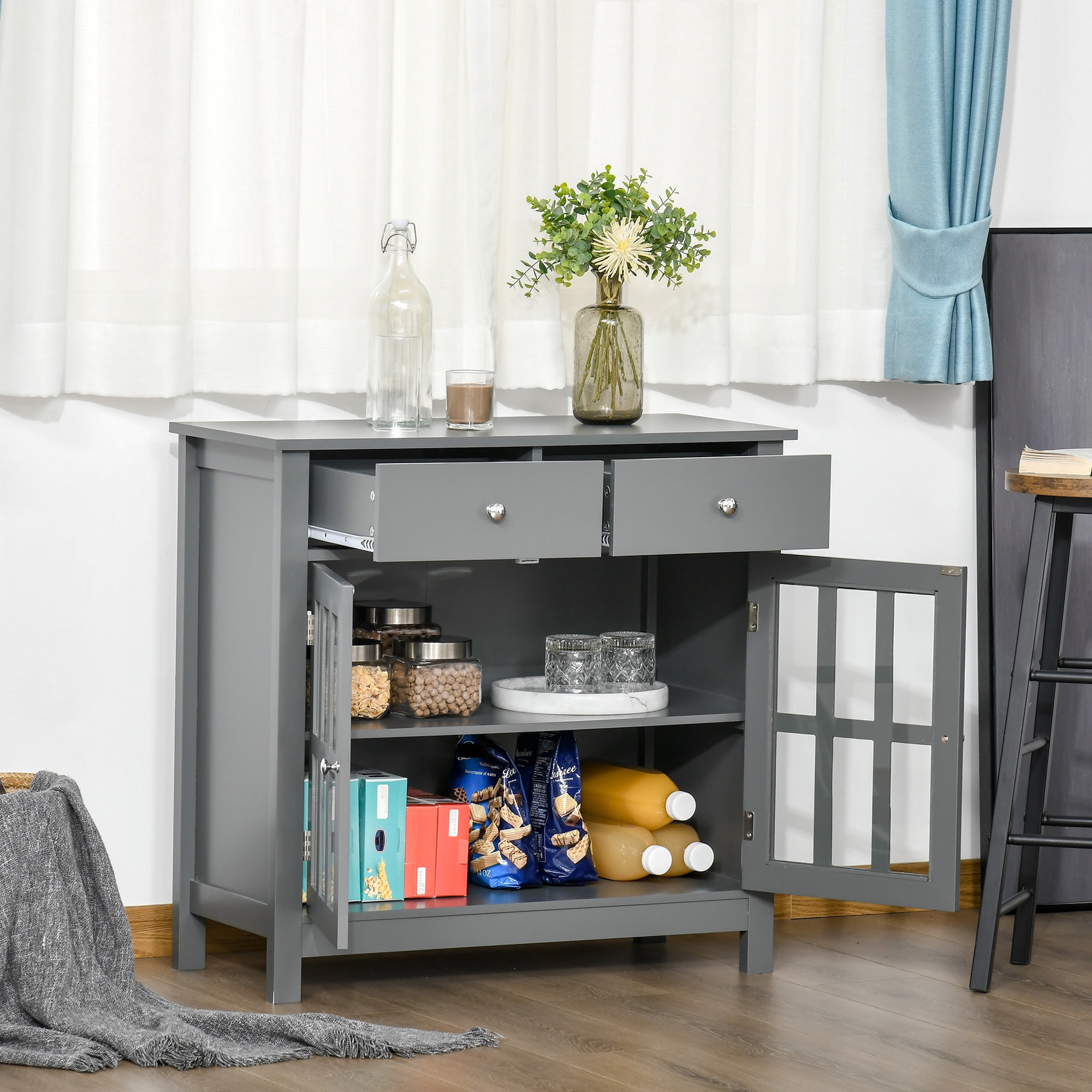 Accent Kitchen Cabinet with Glass Doors, Adjustable Shelf and 2 Drawers for Kitchen ,Grey Bar Cabinets   at Gallery Canada