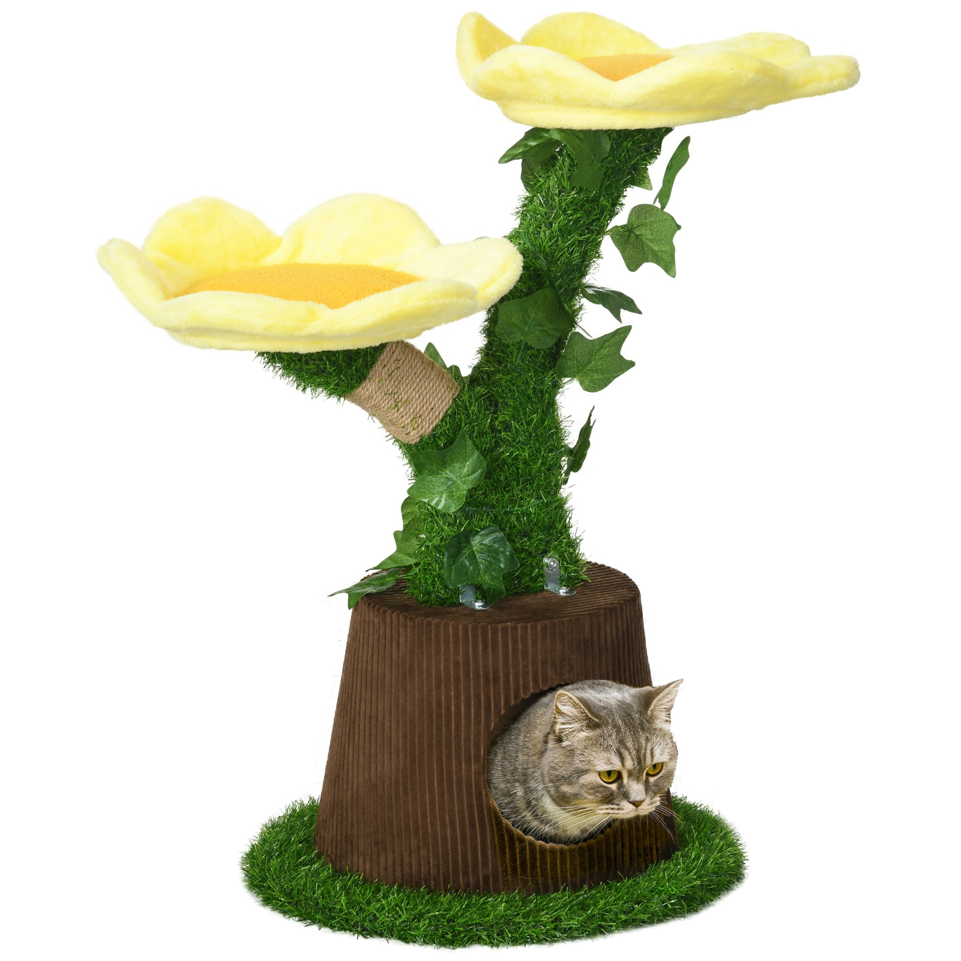 18" Plush Cat Tree with Two Flower Platforms, Multi-Activity Centre Cat Tower with Jute Scratching Posts, Elevated Perches, Round Roomy Condo with Door, Green Cat Towers Green, Brown, Yellow at Gallery Canada