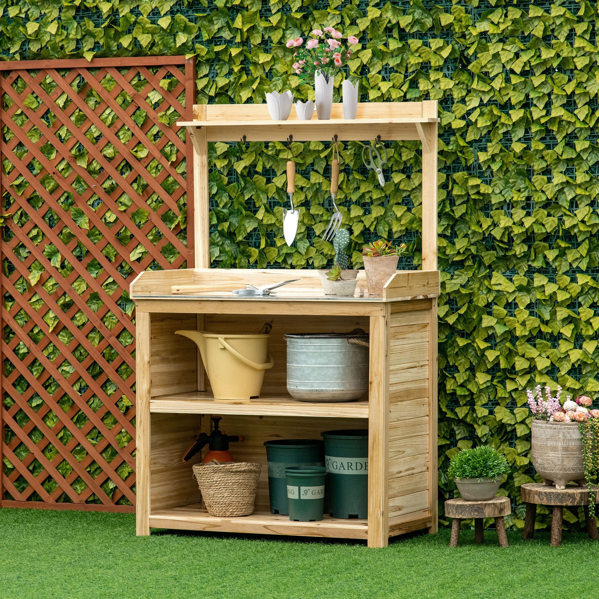 Potting Bench Table, Wooden Garden Workstation Bench with Galvanized Metal Tabletop, Storage Shelves and Hooks for Patios, Courtyards, Balcony Potting Benches & Tables at Gallery Canada