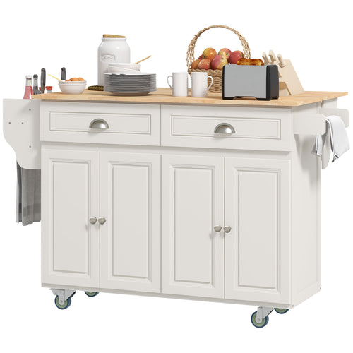 Kitchen Island with Storage, Rolling Kitchen Island with Drop Leaf, Rubber Wood Top and Adjustable Shelves, Cream White