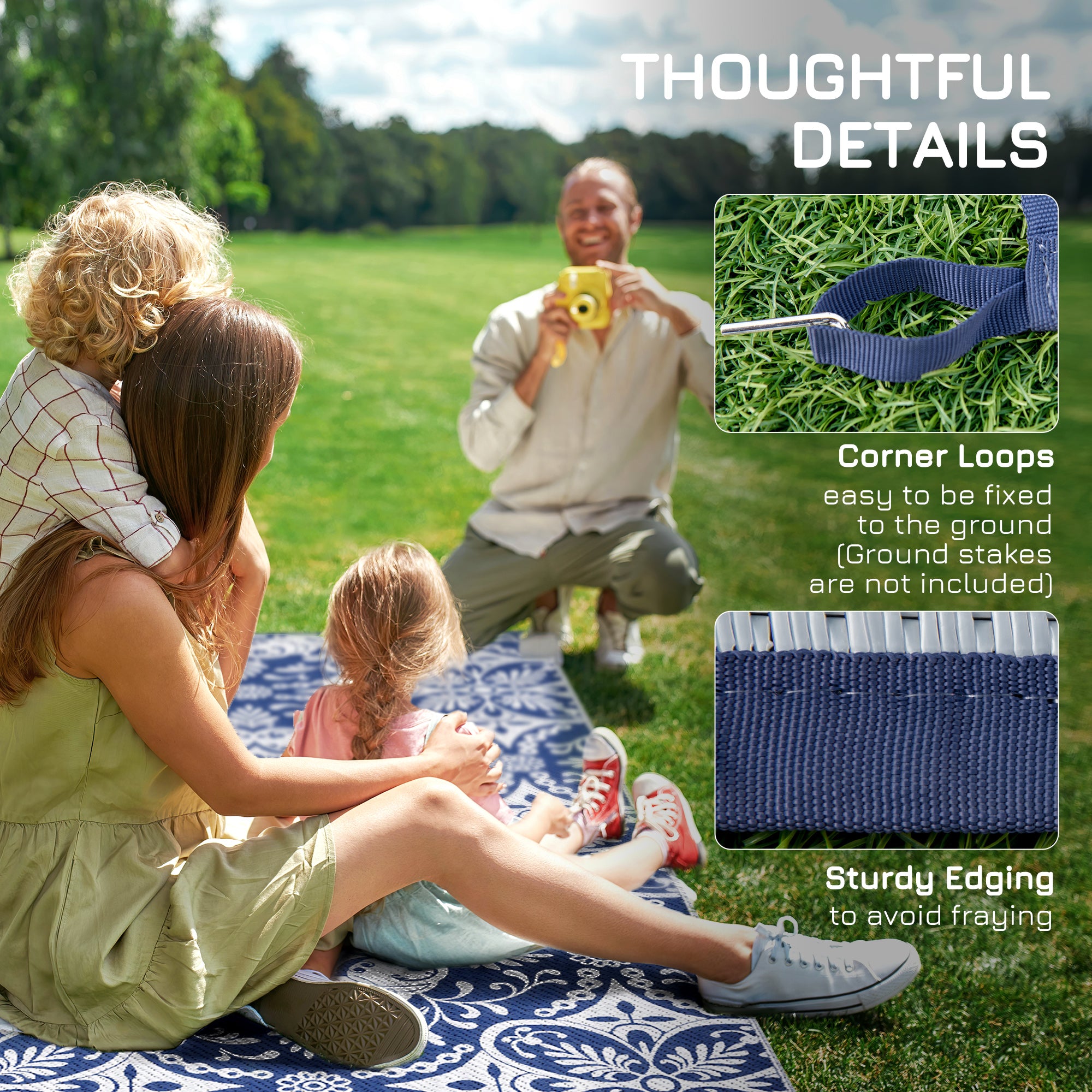Portable Outdoor Rug with Carry Bag, 9' x 18' Reversible Mat, Waterproof Plastic Straw RV Rug for Backyard, Deck, Picnic, Beach, Camping, Blue &; White Flower Outdoor Reversible Rugs at Gallery Canada