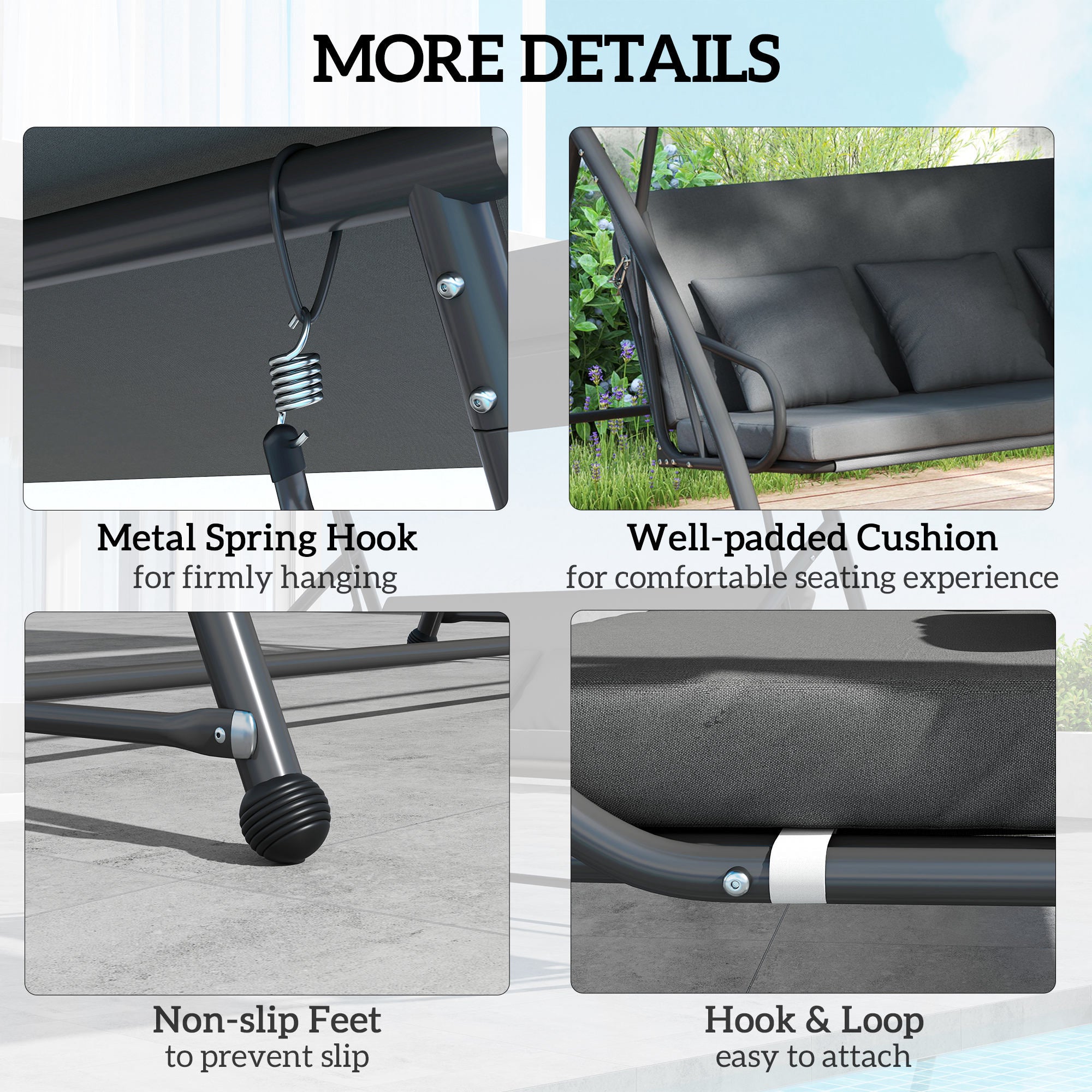 Patio Swing Chair, 3 Person Convertible Hammock, Outdoor Swing Lounge Bed, Cushioned with Tilt Canopy, Dark Grey Porch Swings with Canopy at Gallery Canada