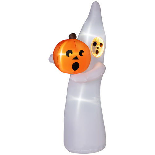 8ft Inflatable Halloween Ghost with Mirror Face Holding A Pumpkin, Outdoor Blow-Up Decoration, LED Garden Display