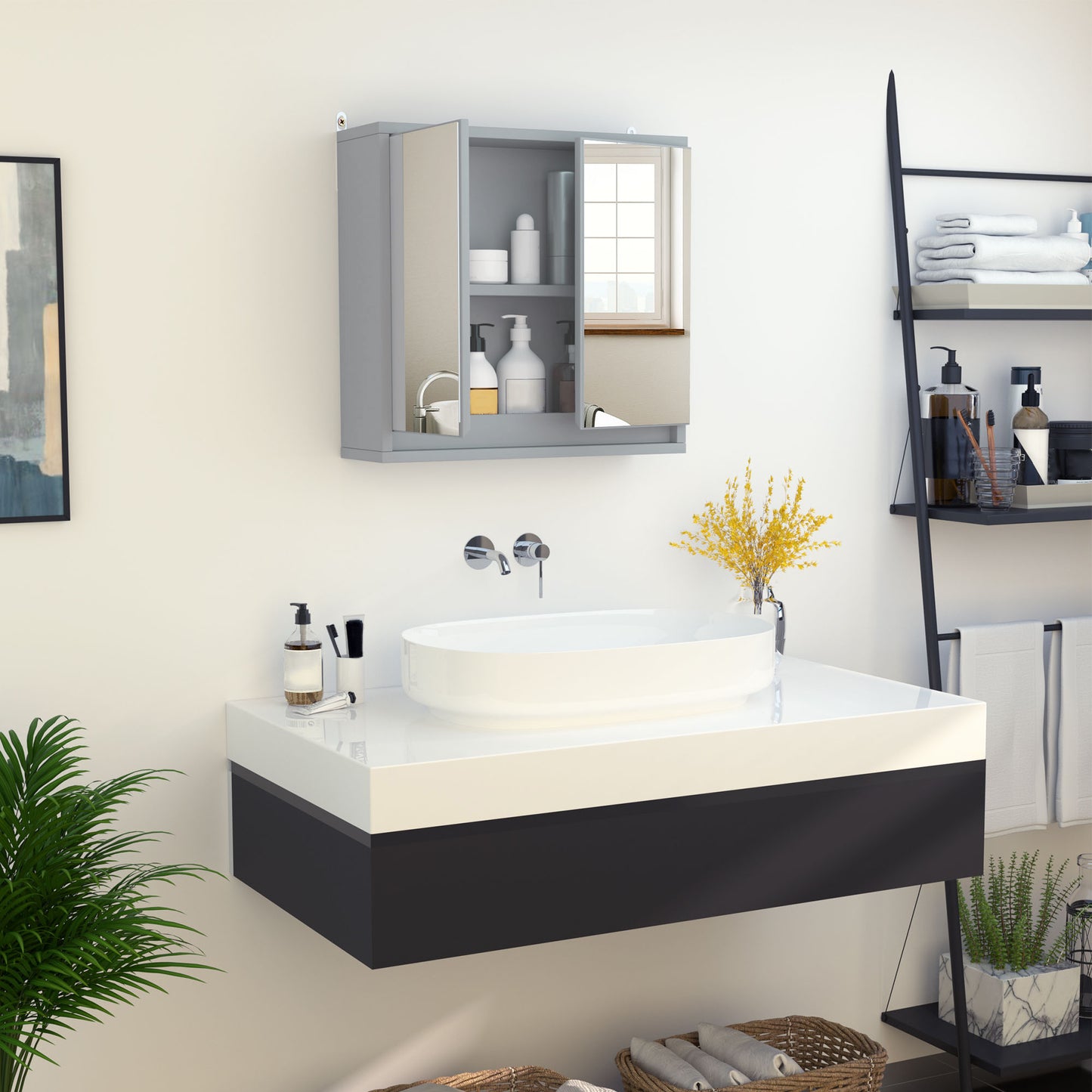 Wall Mounted Bathroom Medicine Cabinet Mirrored Cabinet with Hinged Door 2-Tier Storage Shelves Grey Mirror Medicine Cabinets Grey  at Gallery Canada