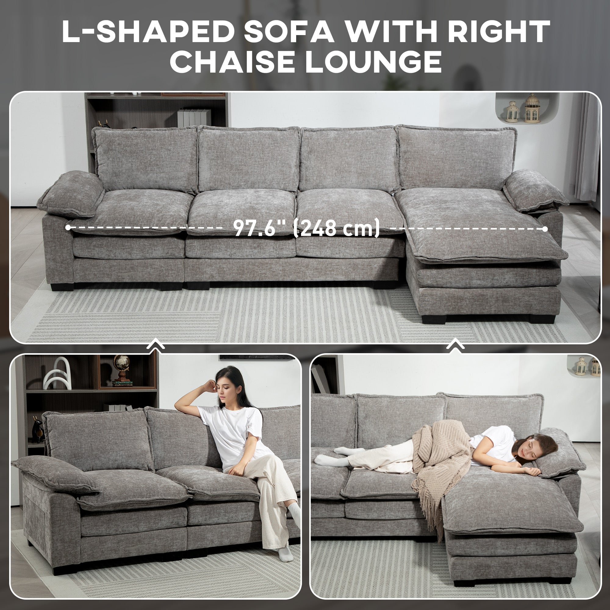 Sofa Couch with Chaise Lounge, Chenille L-shaped Couch with Double-layer Seat Cushion for Living Room, Grey Sofas & Reclining Chairs at Gallery Canada