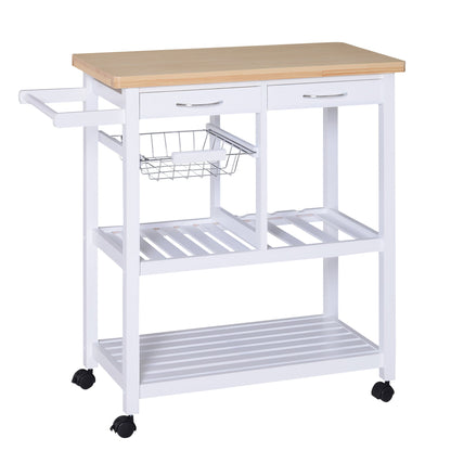 Wooden Rolling Kitchen Trolley Wood Top Island Storage Serving Cart Included Wine Rack with Drawers White Kitchen Islands & Kitchen Carts White and Natural  at Gallery Canada