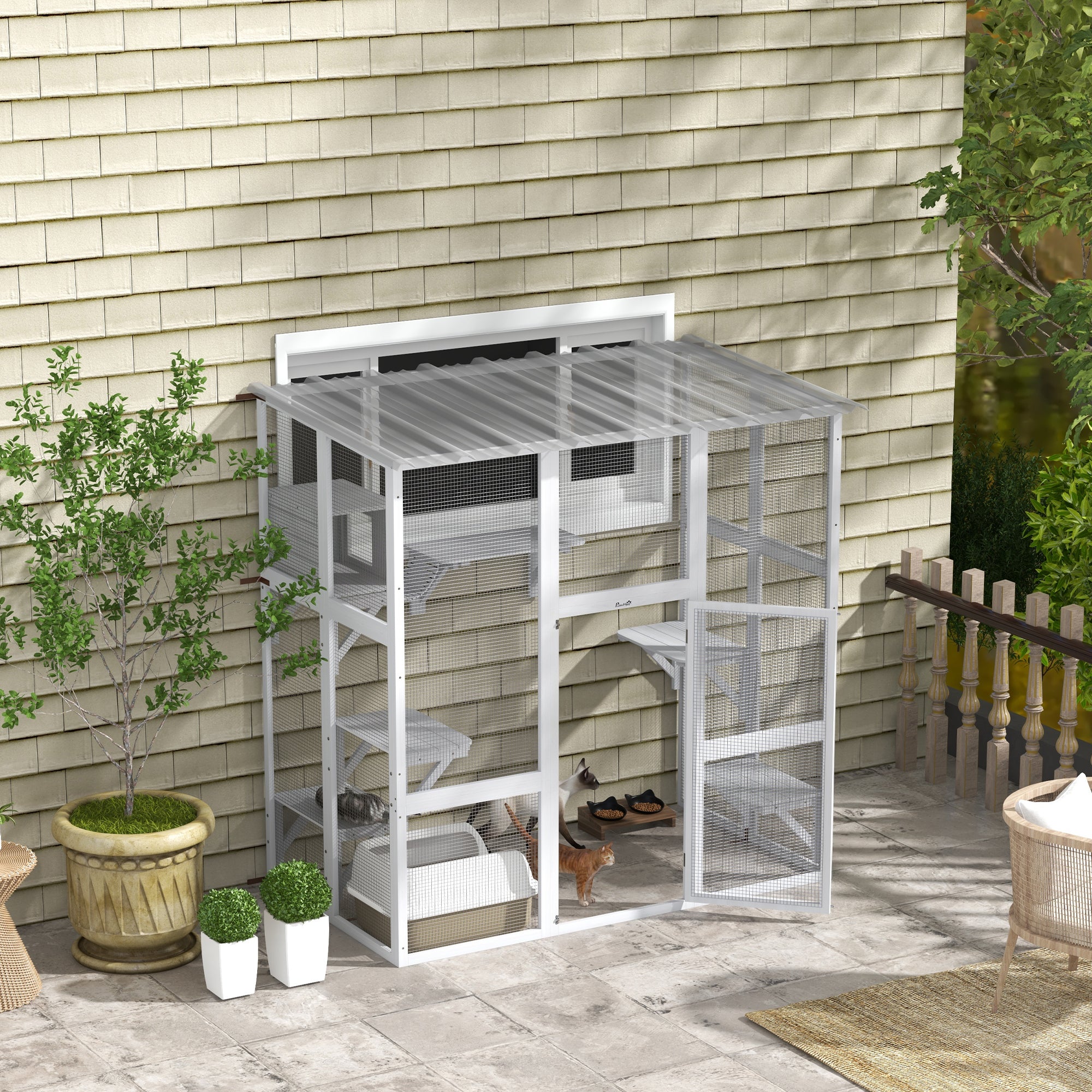 Outdoor Cat Enclosure Window Box with Weatherproof Roof, Bridge, Resting Box, Platforms, for 2 Kittens, White Outdoor Cat Enclosures at Gallery Canada