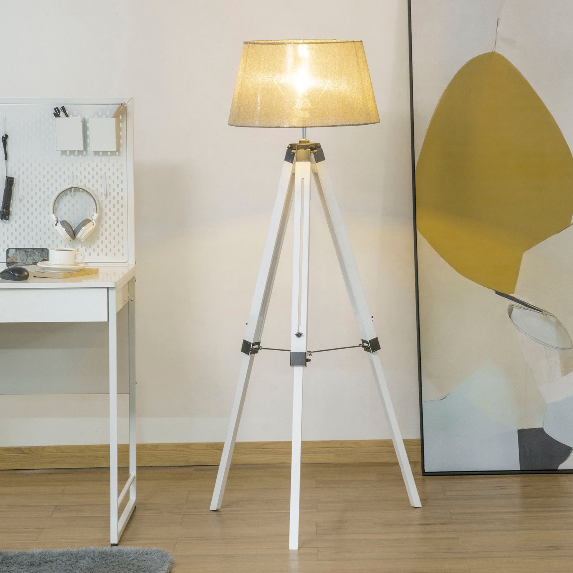 Tripod Floor Lamp, Adjustable Height Wooden Standing Lamp with E26 Lamp Base for Living Room, Bedroom, White and Grey Floor Lamps & Ceiling Fan Lights   at Gallery Canada