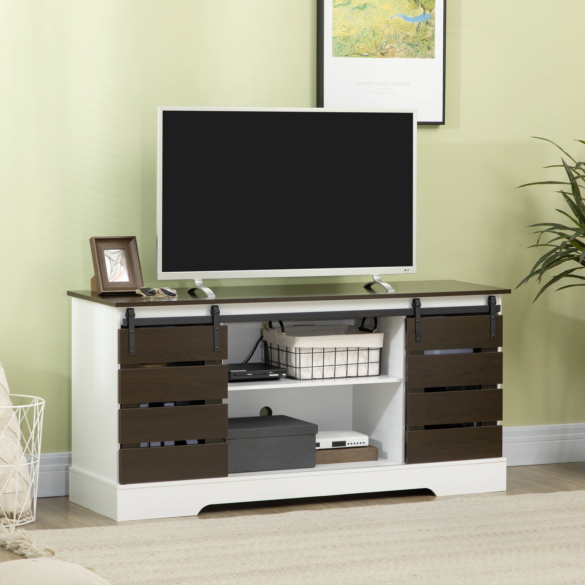 TV Stand for TVs up to 55 Inches, TV Unit with Shelves, Sliding Doors for Living Room, 58.3"x15.7"x28", Brown and White TV Stands   at Gallery Canada