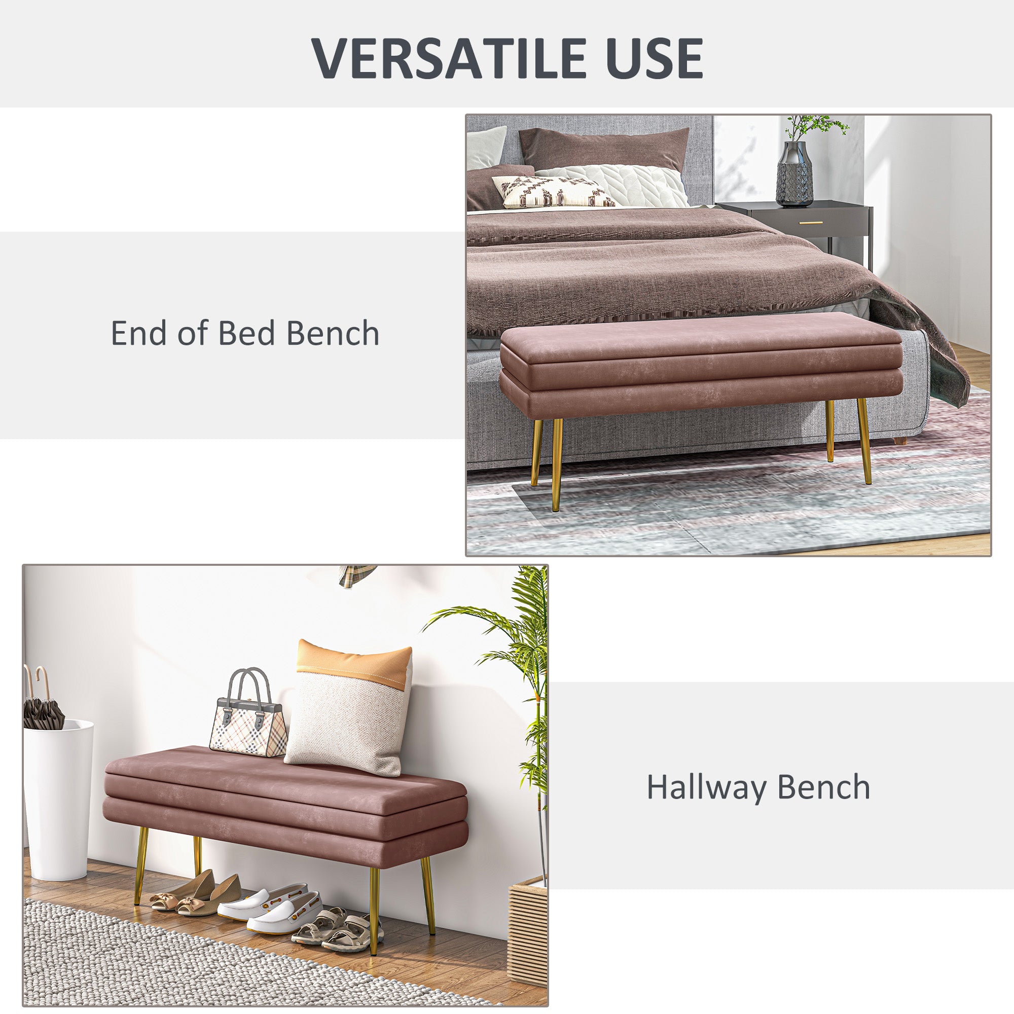 End of Bed Bench, Velvet-feel Upholstered Bench with Thick Padded Seat and Steel Legs, Modern Bedroom Bench, Pink Storage Ottomans & Benches at Gallery Canada