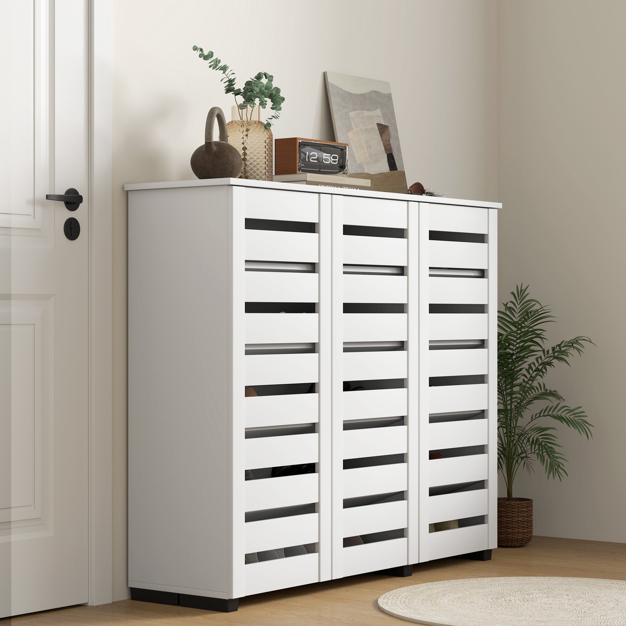 Narrow Shoe Cabinet with Slatted Doors, Adjustable Shelves for 20 Pairs of Shoes, Shoe Cabinet for Entryway, White Shoe Storage Cabinets & Racks at Gallery Canada