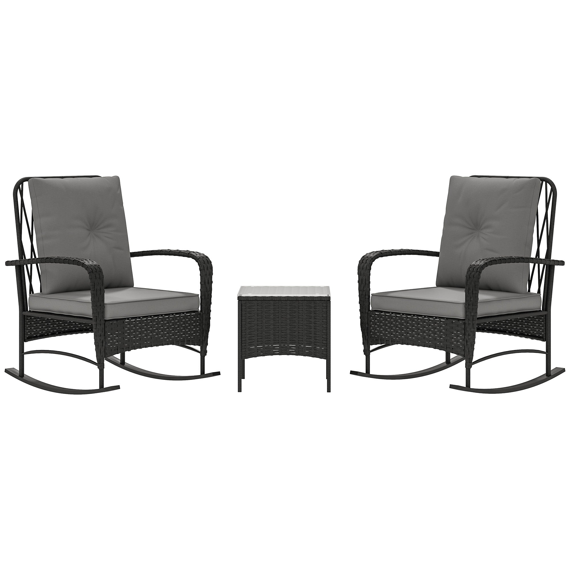 3 Pieces Rattan Bistro Set, Wicker Patio Furniture with Rocking Chairs, Thick Cushions for Porch Balcony, Grey Bistro Sets at Gallery Canada