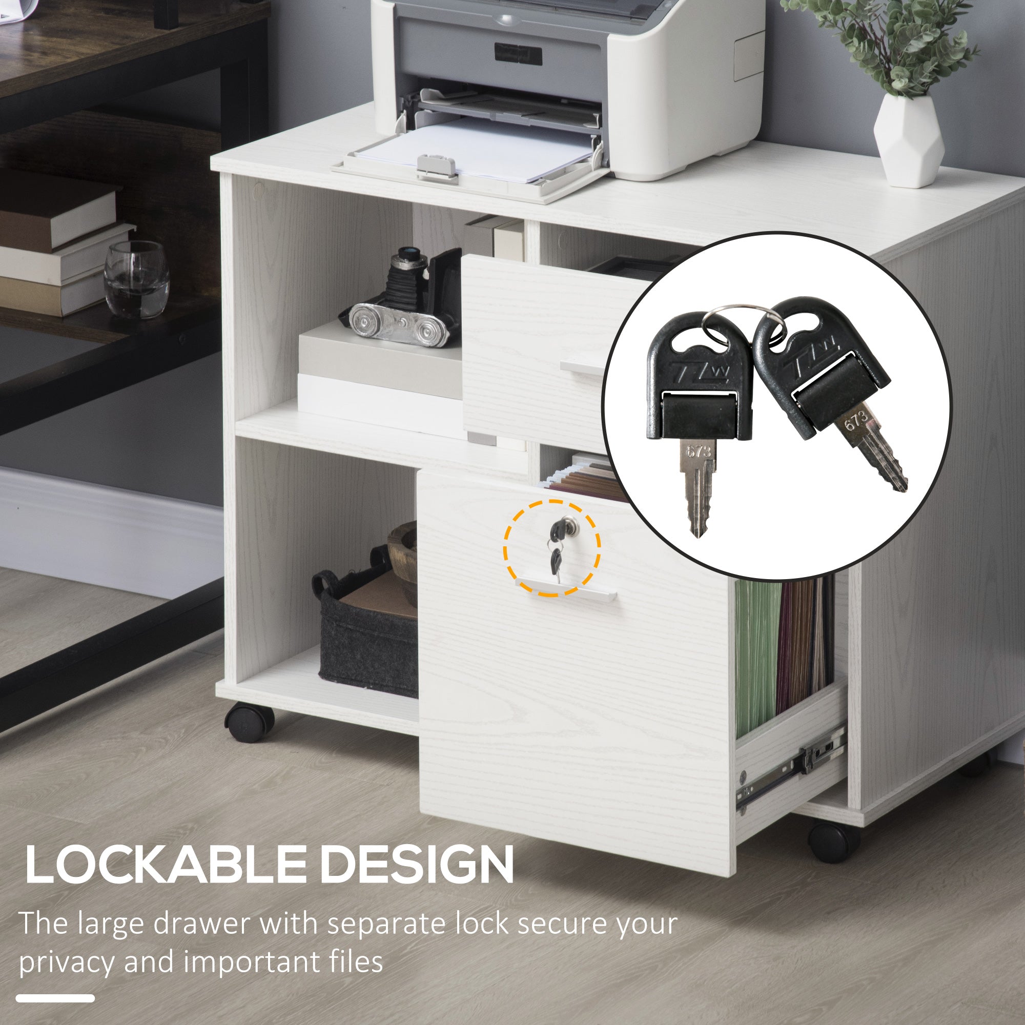Lateral Filing Cabinet with Wheels, Locking File Cabinet, Mobile Printer Stand with Open Shelves and Drawers for A4 Size Documents, White Office Cabinets & Cupboards at Gallery Canada