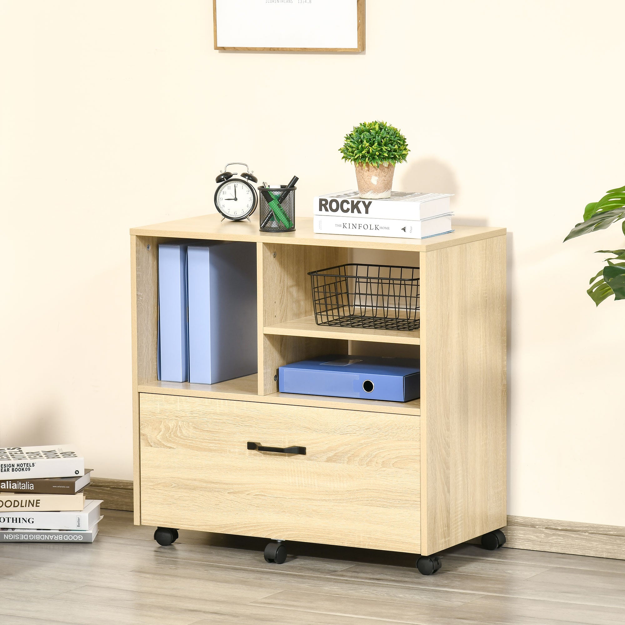 Lateral Filing Cabinet with Open Storage Shelf, Printer Stand, Mobile Office File Cabinet with Wheels for Letter and Legal Sized Files, Natural Office Cabinets & Cupboards at Gallery Canada