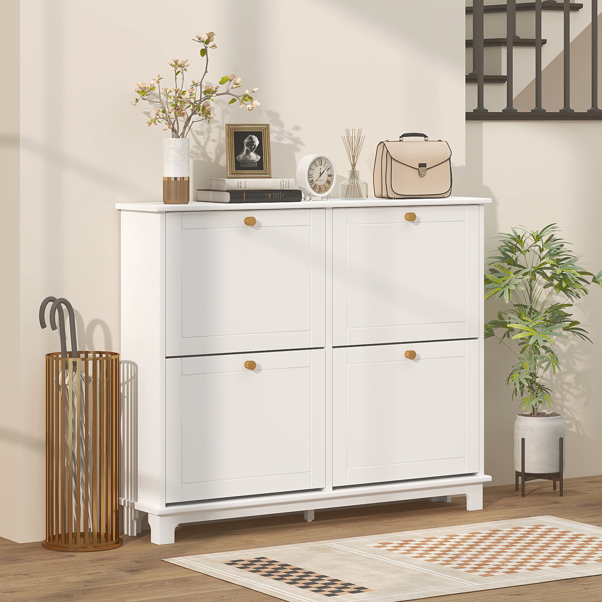 Modern Shoe Storage Cabinet, Narrow Shoe Cabinet with 4 Flip Drawers, Adjustable Shelves, 5 Legs for Entryway, White Shoe Storage Cabinets & Racks   at Gallery Canada