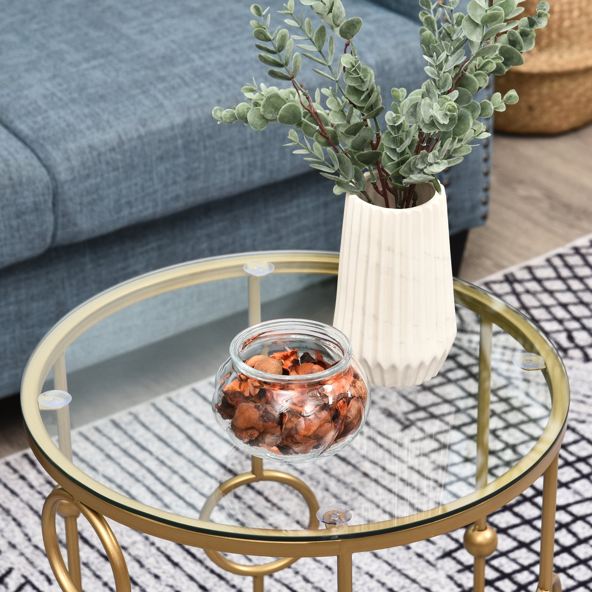 Round Coffee Tables Set of 2, Gold Nesting Side End Tables with Tempered Glass Top, Steel Frame for Living Room Coffee Tables   at Gallery Canada