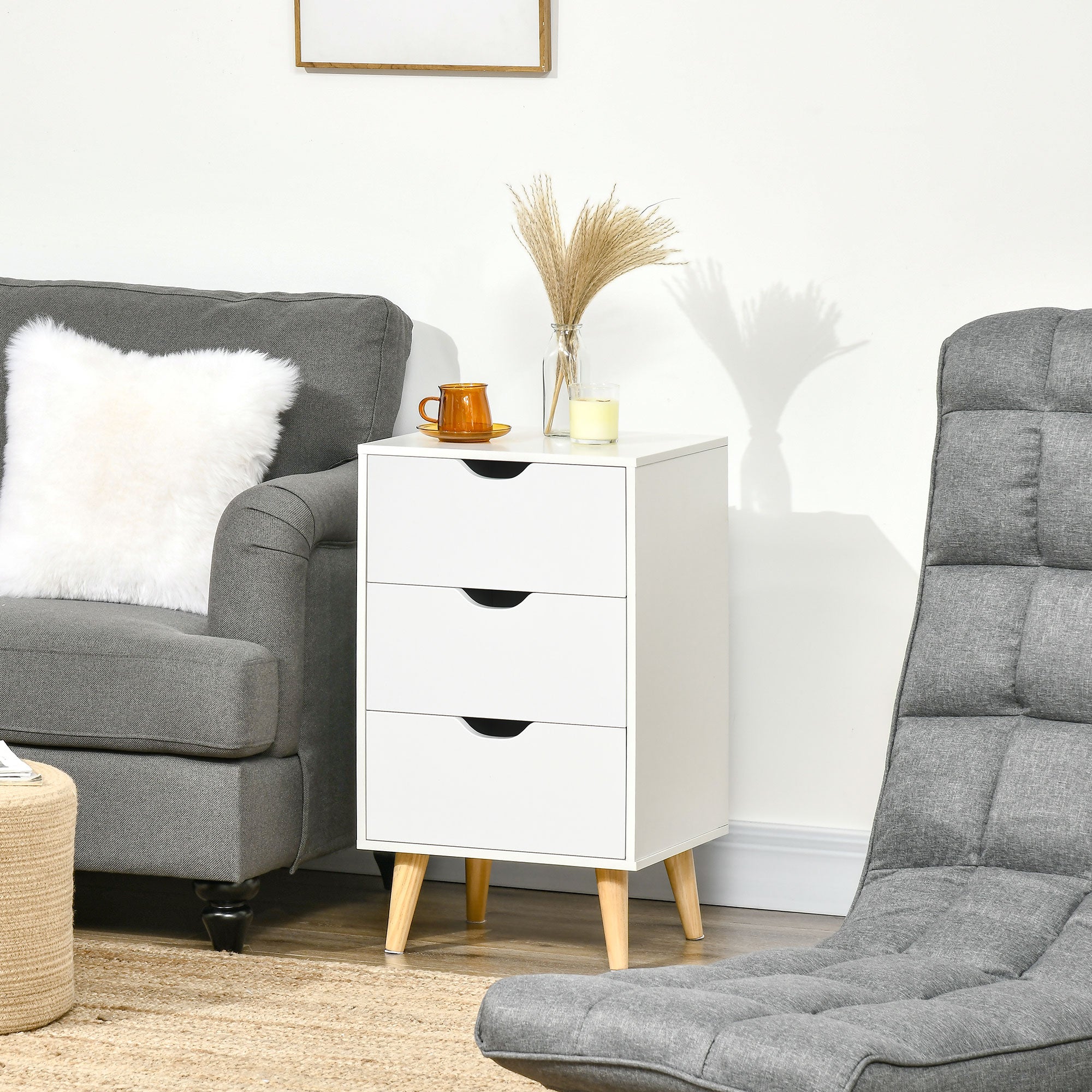 Bedside Table, Modern Nightstand with 3 Drawers, Side End Table with Wood Legs for Living Room, Bedroom, White Bedside Tables   at Gallery Canada