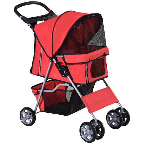 4 Wheel Dog Pet Stroller Dog Cat Carrier Folding Sunshade Canopy with Brake, Red