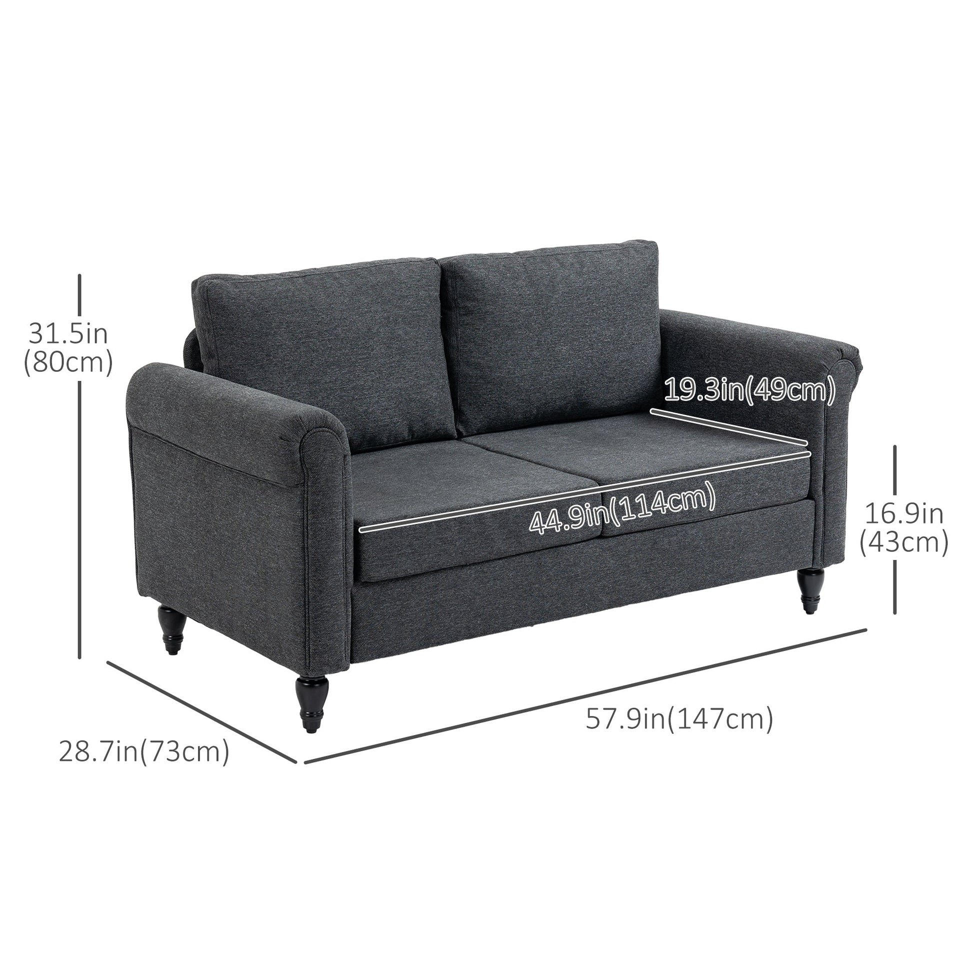 Modern 57.75" Loveseat with Curved Armrests, 2 Cushions, Rubber Wood Legs, Dark Grey 2-Seater Sofas   at Gallery Canada