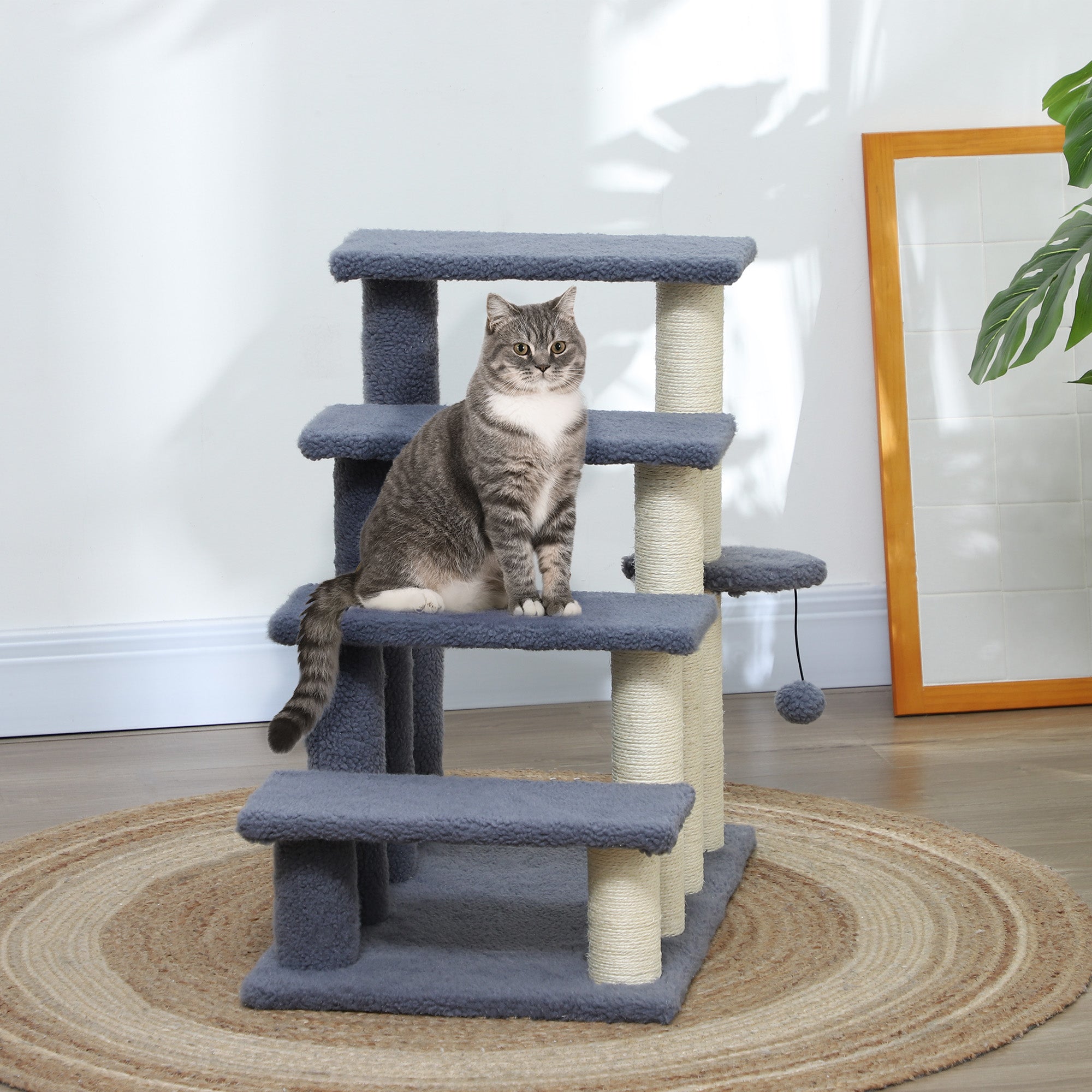 4 Step Cat Tree Stairs with Cat Scratching Post, Jumping Platform, Toy Ball, Grey Cat Stairs at Gallery Canada