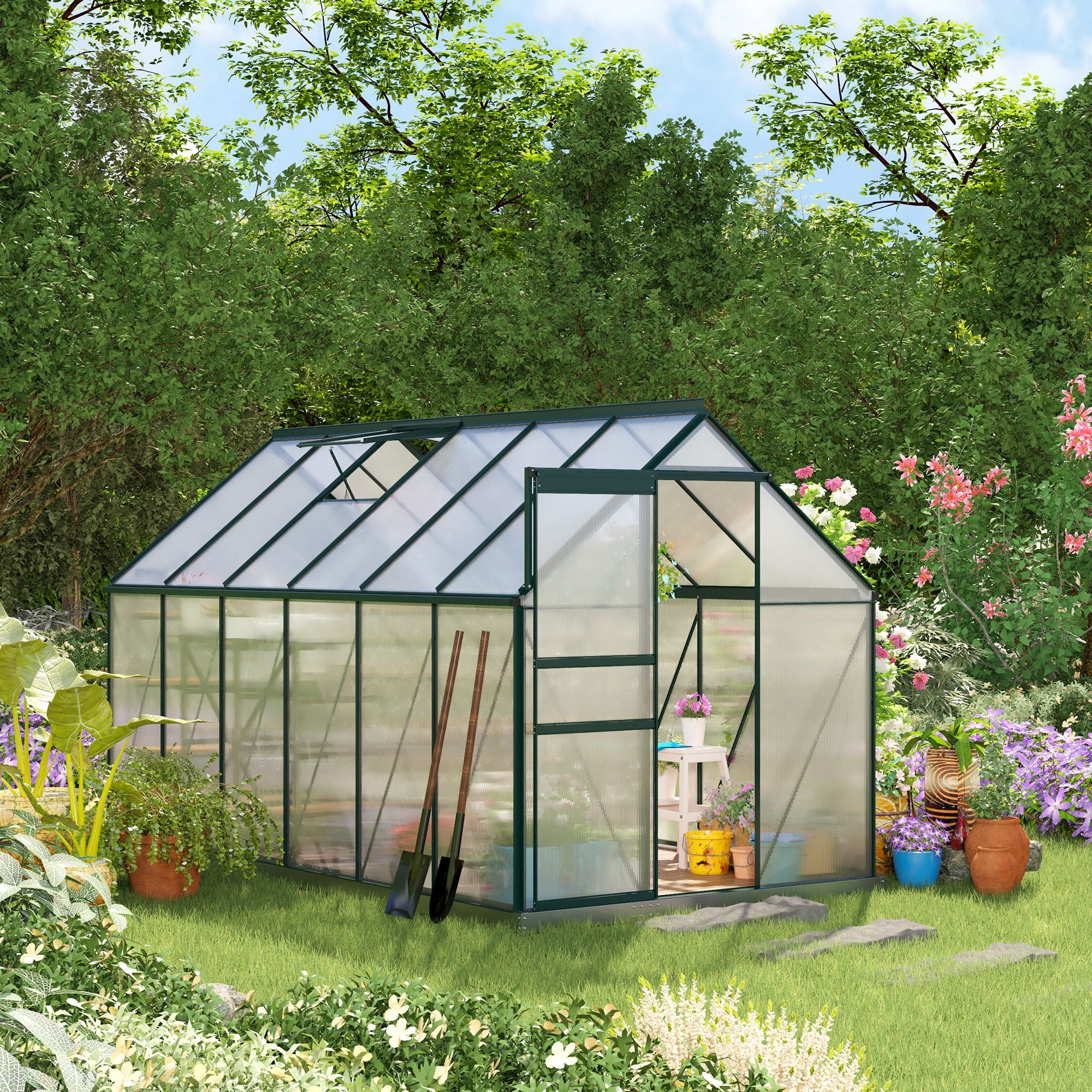 6' x 12' x 6.5' Polycarbonate Greenhouse, Walk-in Green House with Adjustable Roof Vent Galvanized Base Sliding Door Rain Gutter for Outdoor Garden Backyard, Green Walk In Greenhouses at Gallery Canada