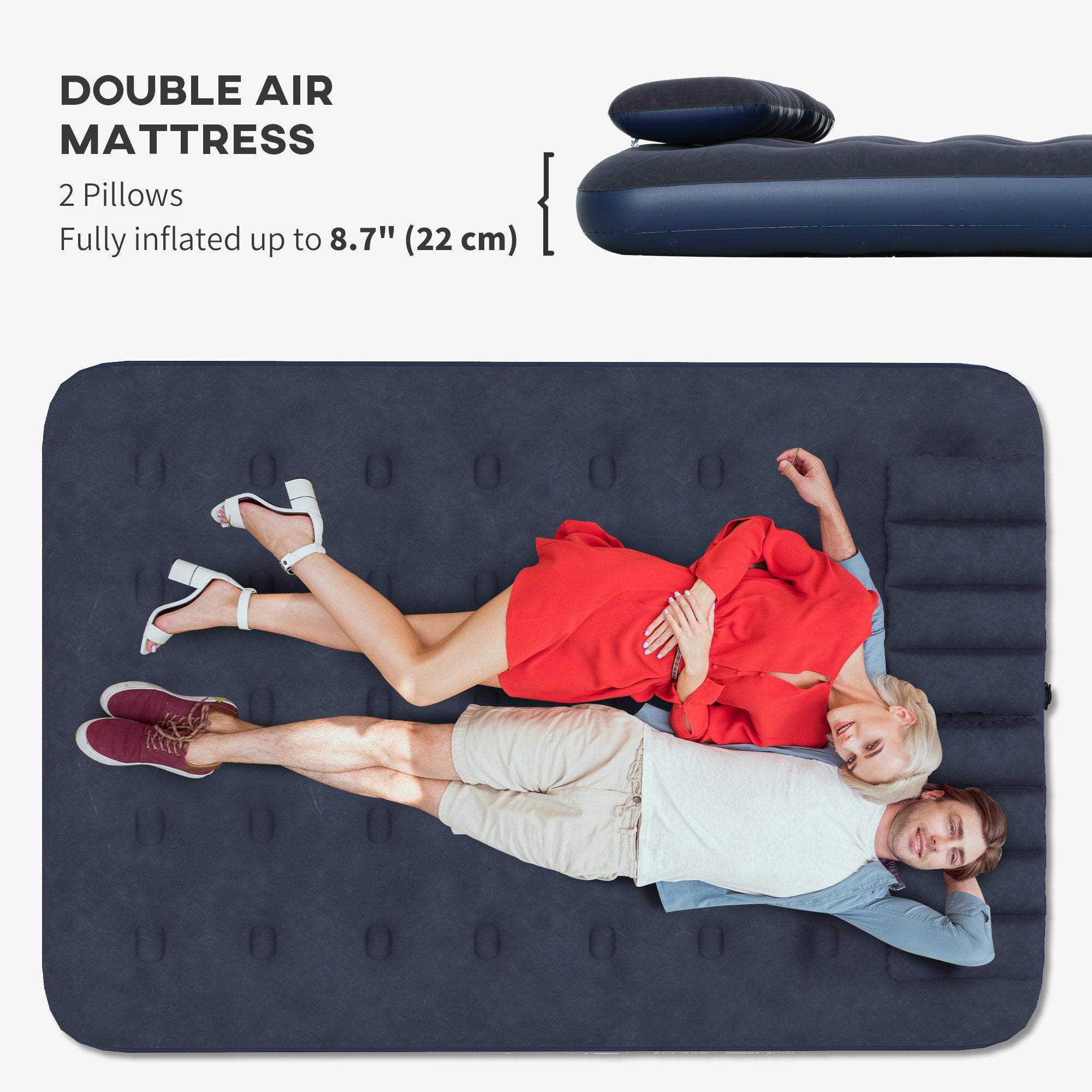 Twin Air Mattress, Inflatable Double Air Bed with 2 Pillows, Hand Pump, Flocked Surface for Guest, Camping, Travel, Blue Camping Cots at Gallery Canada