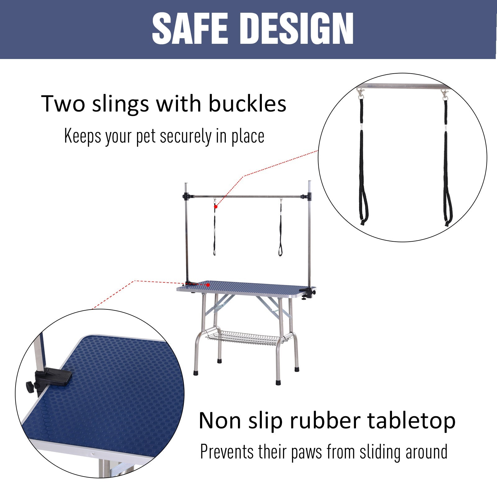 Adjustable Dog Grooming Table Rubber Top 2 Safety Slings Mesh Storage Basket Heavy Metal Blue 42.25