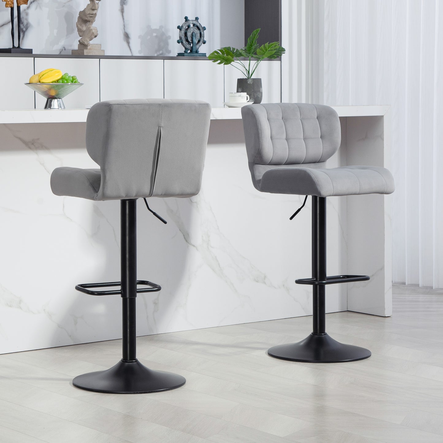 Swivel Velvet-feel Fabric Barstools Set of 2 Adjustable Bar Stools with Footrest for Counter Dining Room Grey Bar Stools   at Gallery Canada