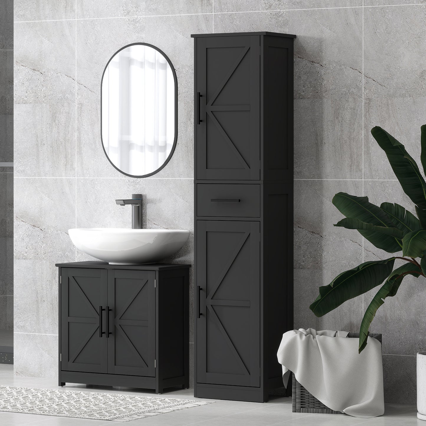 67" Tall Bathroom Cabinet, Narrow Bathroom Storage Cabinet with Drawer, Barn Doors and Adjustable Shelves, Black Bathroom Cabinets at Gallery Canada