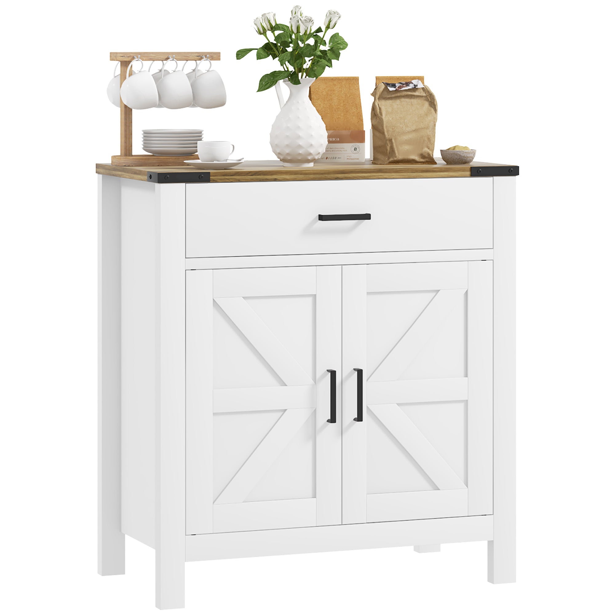 Farmhouse Buffet Cabinet Sideboard with 1 Drawer, 1 Storage Cabinet and Adjustable Shelf, White Bar Cabinets   at Gallery Canada