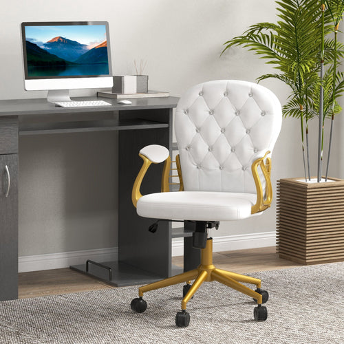 Velvet Office Desk Chair Button Tufted Vanity Chair with Swivel Wheels, Adjustable Height and Tilt Function, Cream White