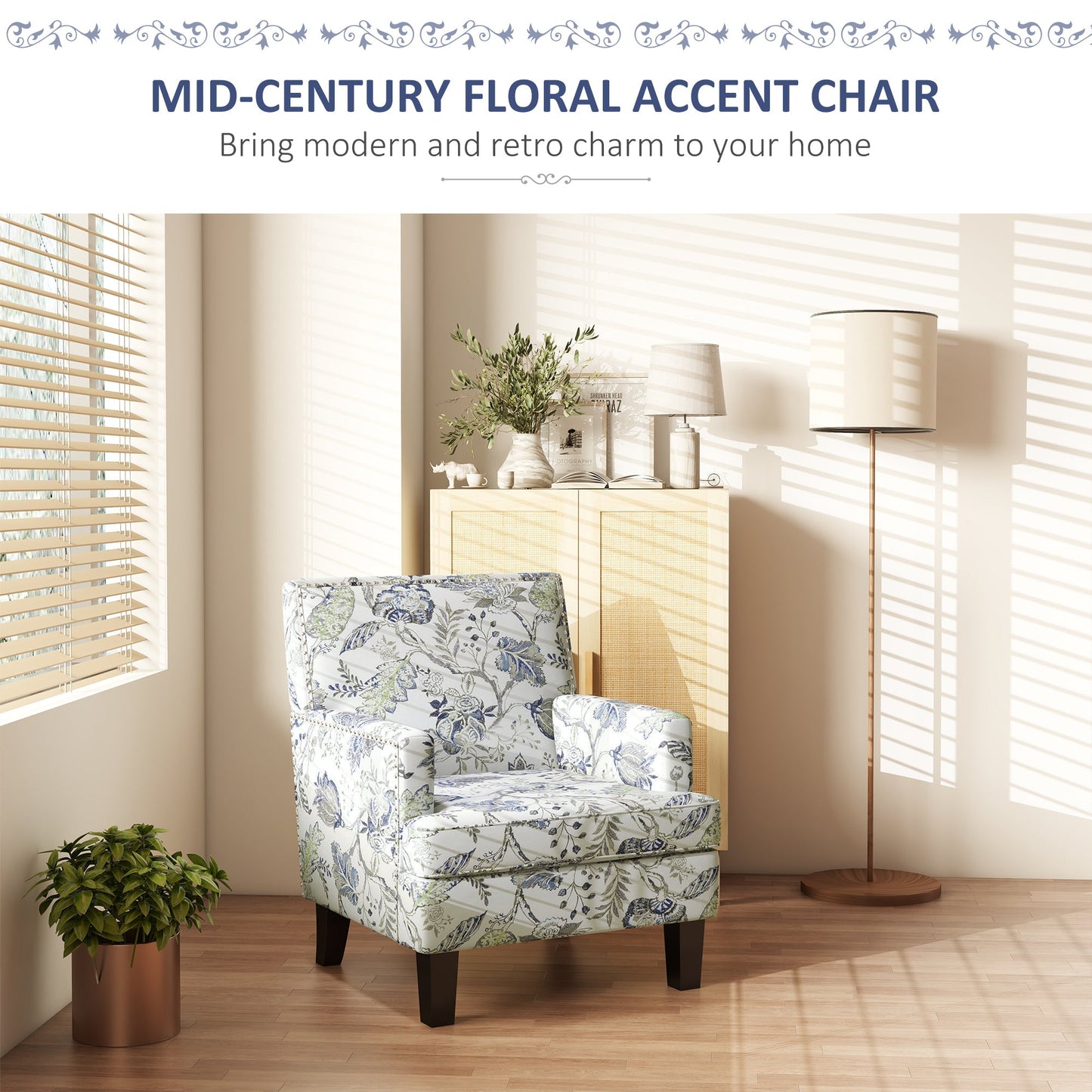 Upholstered Armchair, Mid-Century Accent Chair with Floral Pattern, Nailhead Trim for Living Room, Bedroom, Multicolour Accent Chairs   at Gallery Canada