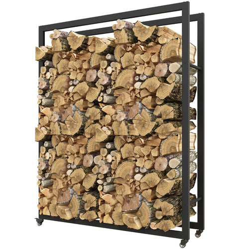 Outdoor Firewood Rack with Wheels Heavy Duty Steel Wood Log Storage Stacker for Fireplace, Black