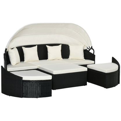 4 Pieces Patio PE Wicker Round Daybed, Outdoor Rattan Garden Lounge Furniture Sets, Cream Daybeds   at Gallery Canada