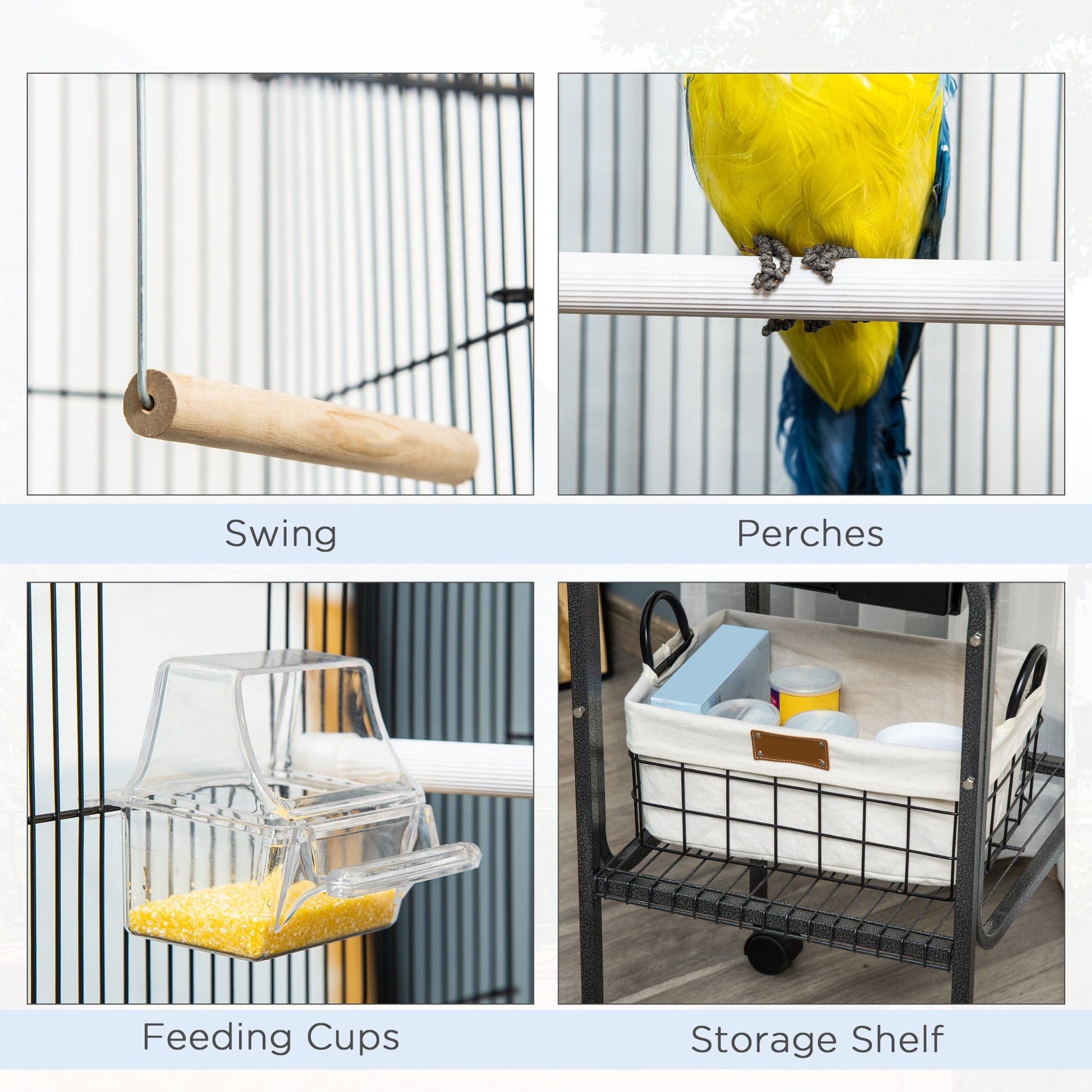 44.5"H Metal Bird Cage Parrot Play Spot Stand with Wheel, Storage Shelf, Multi-doors - Black Bird Cages   at Gallery Canada