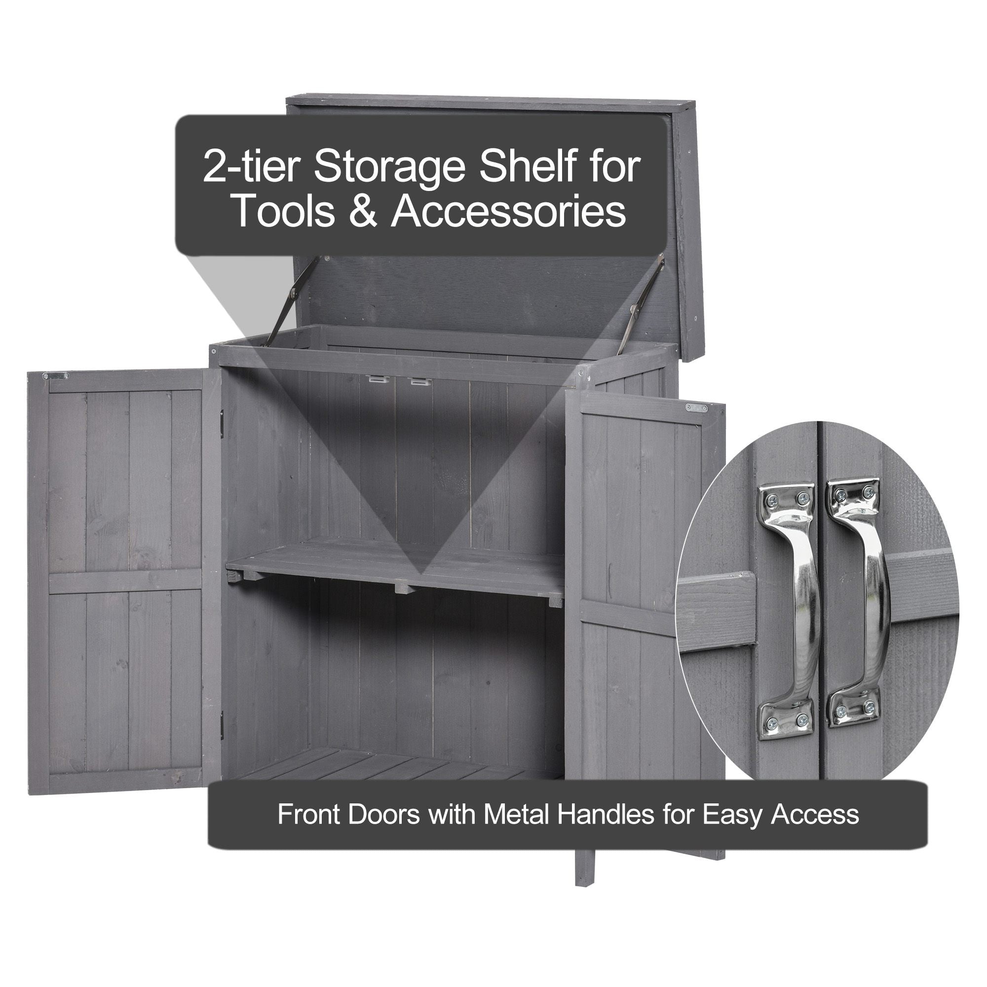 Wooden Garden Tool Storage Shed Kit with Hinged Roof, 2-Tier Shelves and Double Doors, 74x43x88cm, Dark Grey Sheds at Gallery Canada