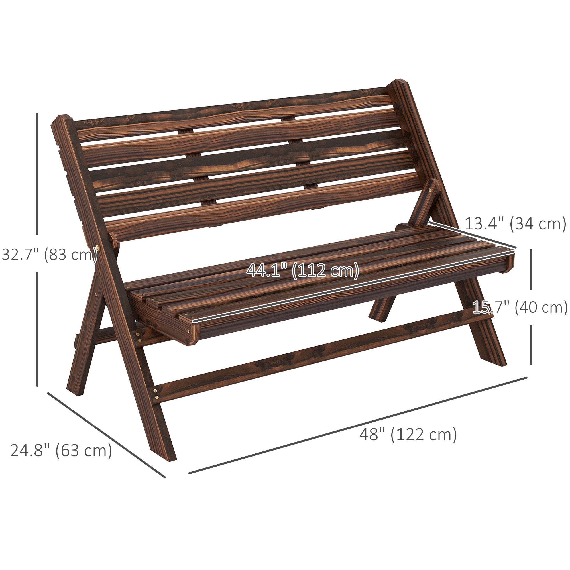 2-Seater Wooden Outdoor Bench, Foldable Garden Bench with Slatted Backrest and Seat, Patio Loveseat, Carbonised Finish Outdoor Benches at Gallery Canada
