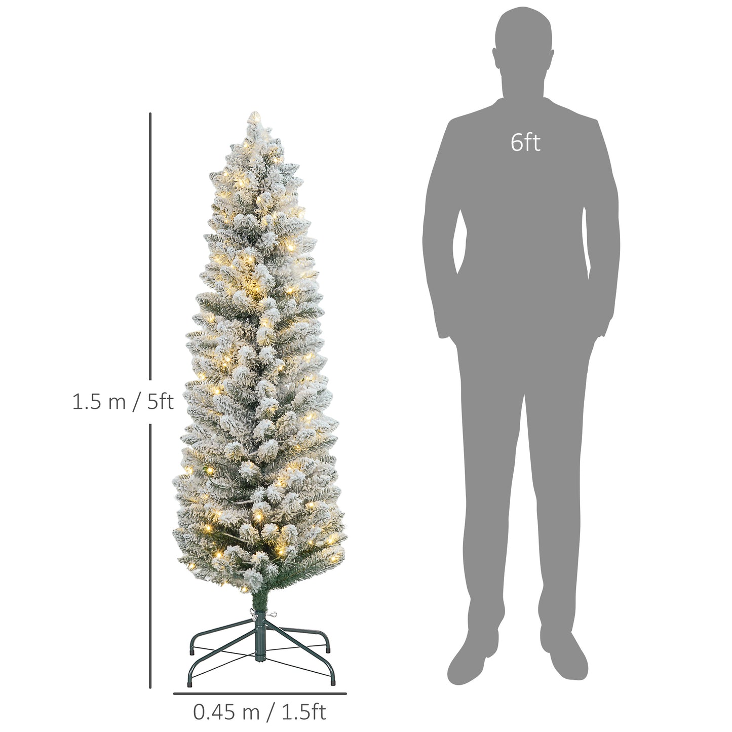 5ft Artificial Prelit Christmas Tree with Warm White LED Light, Snow Flocked Branches, Metal Base, Pencil Xmas Tree Pre Lit Christmas Trees   at Gallery Canada