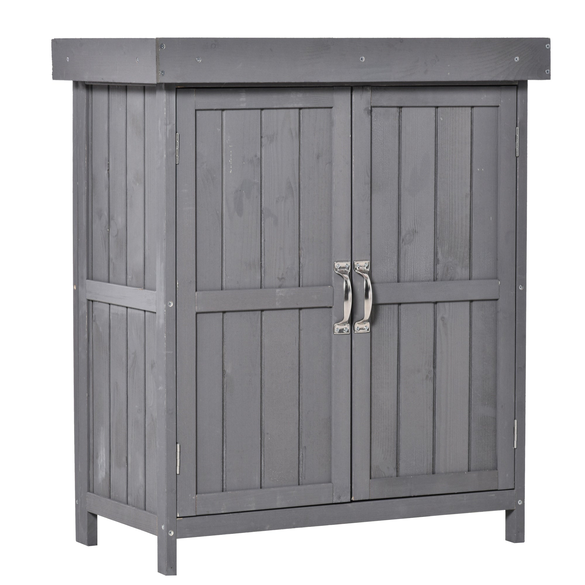 Wooden Garden Tool Storage Shed Kit with Hinged Roof, 2-Tier Shelves and Double Doors, 74x43x88cm, Dark Grey Sheds at Gallery Canada