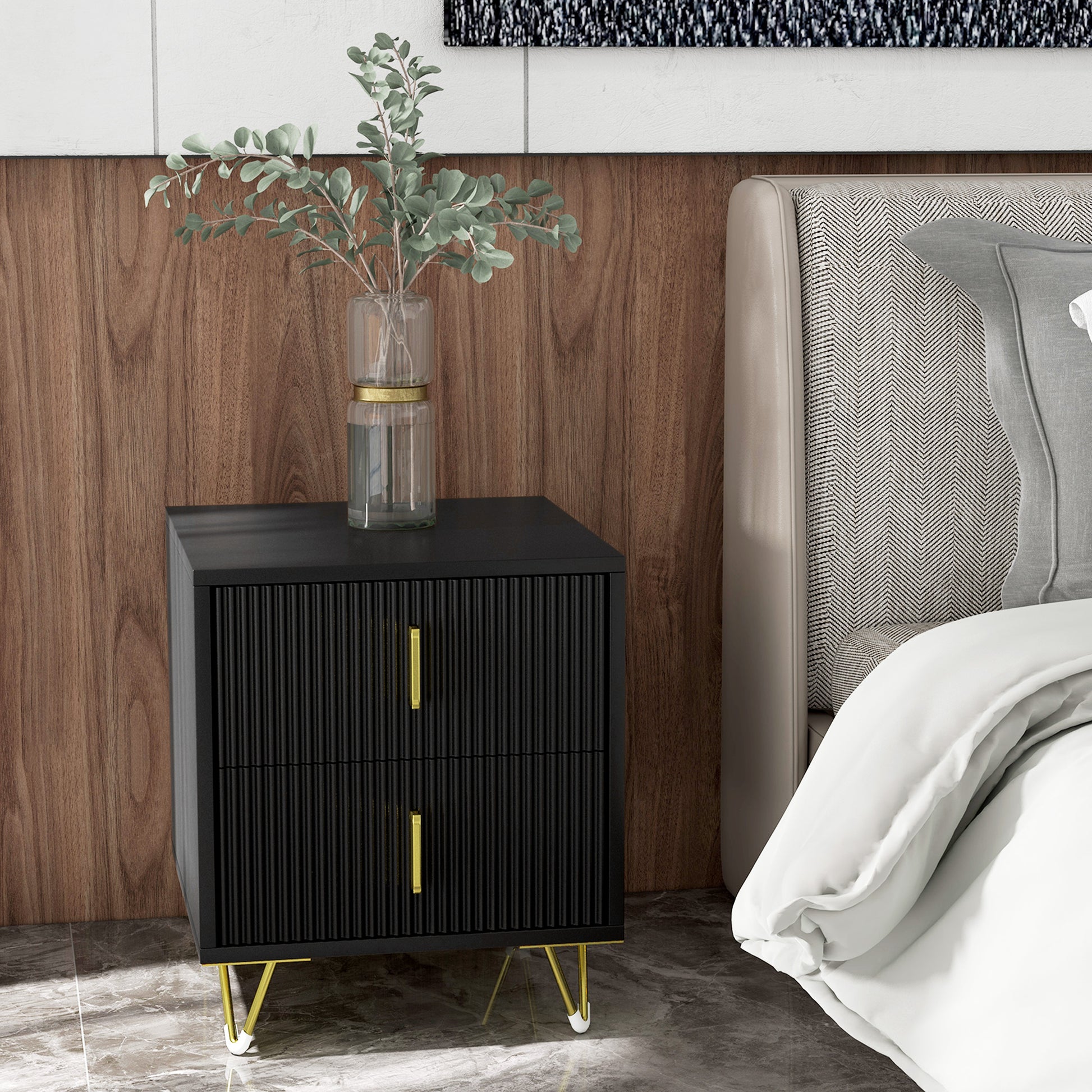 Bedside Table, Modern Nightstand with 2 Drawers, Side End Table with Metal Legs for Living Room, Bedroom, Black Bedside Tables Black  at Gallery Canada