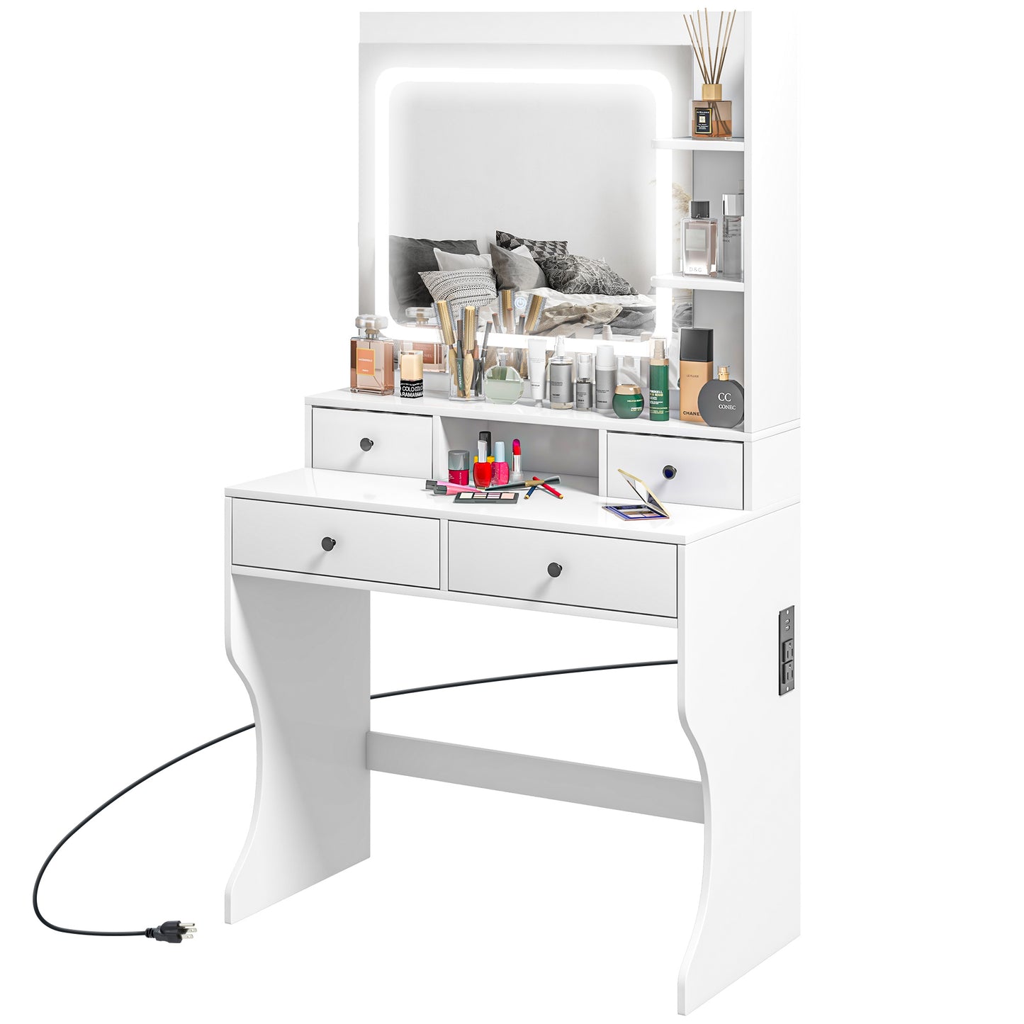 Dressing Table with Lighted Mirror, Vanity Table with Charging Station, USB Ports, Drawers, Storage Shelves, White Dressing & Vanity Tables   at Gallery Canada