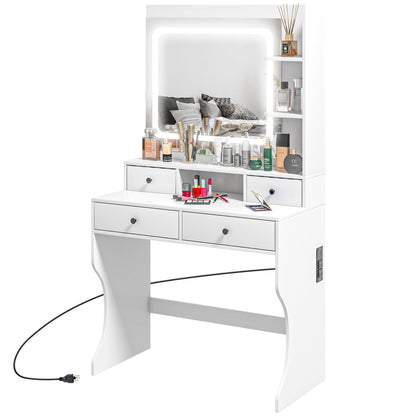 Dressing Table with Lighted Mirror, Vanity Table with Charging Station, USB Ports, Drawers, Storage Shelves, White Dressing & Vanity Tables   at Gallery Canada