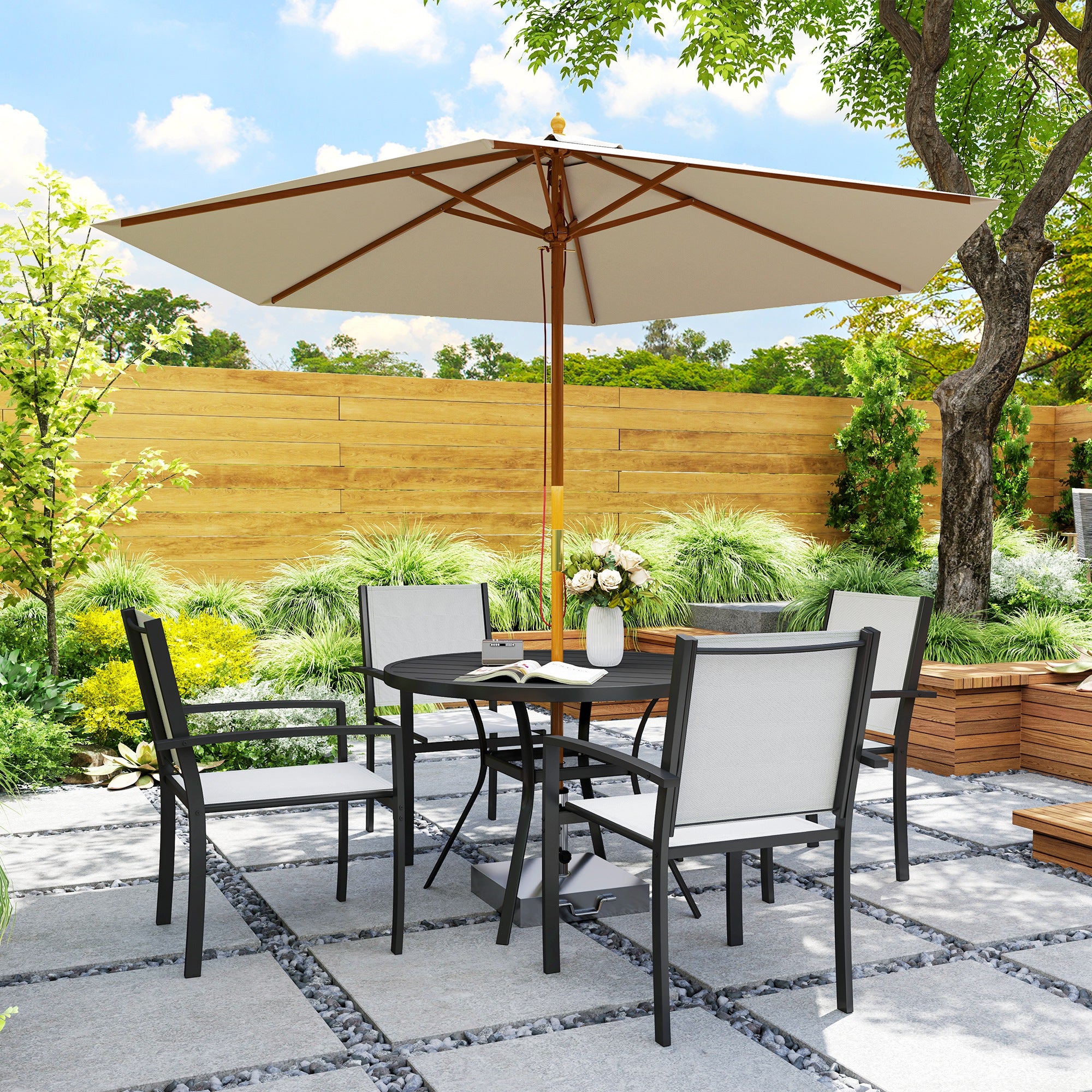 5 Piece Outdoor Dining Set with Round Table and 4 Stackable Chairs, for Backyard, Lawn, Deck, Balcony, Pool Side Outdoor Dining Sets at Gallery Canada