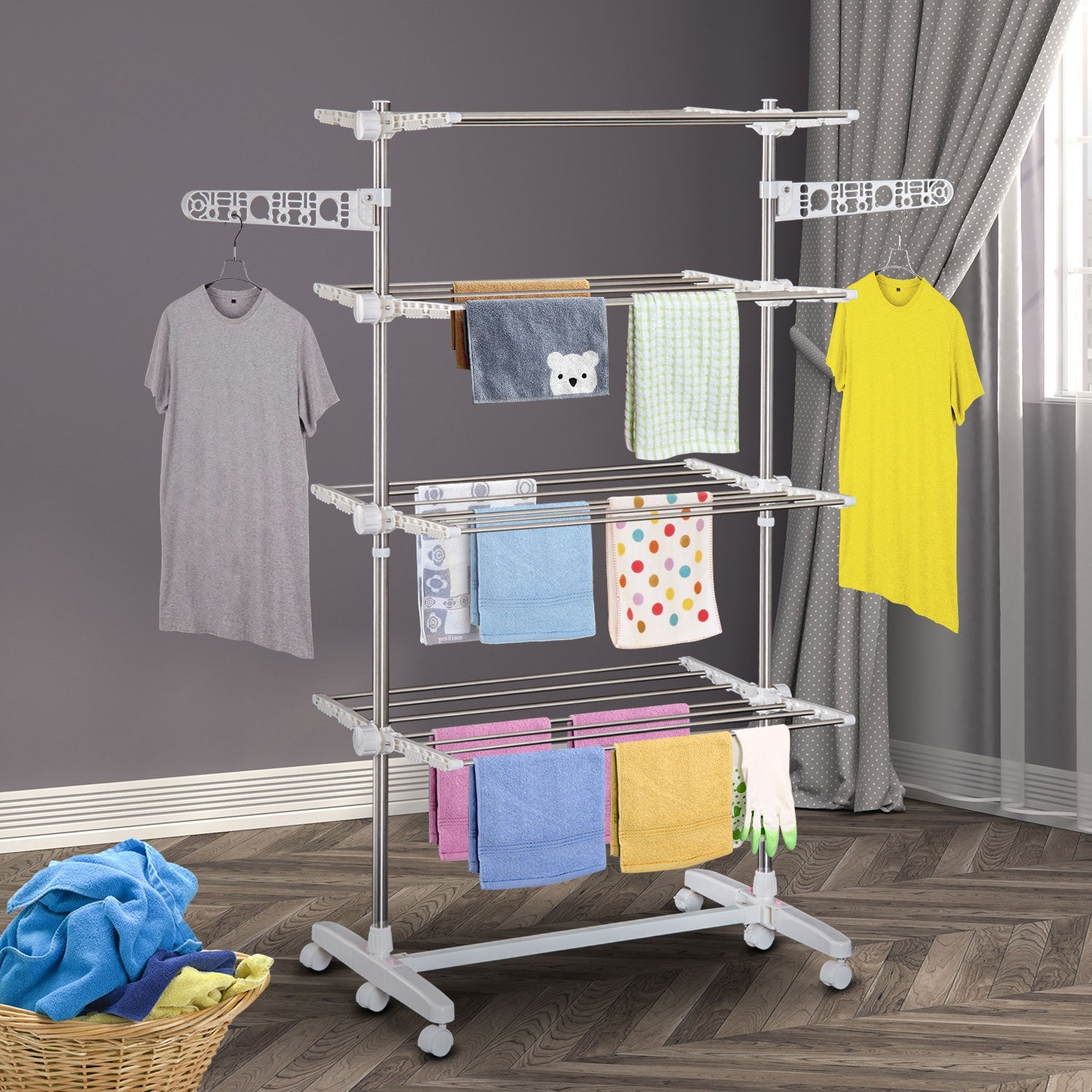 4 Layers Folding Clothes Hanger Stand Dryer Storage Towel Rack Rolling White Bath Accessories   at Gallery Canada