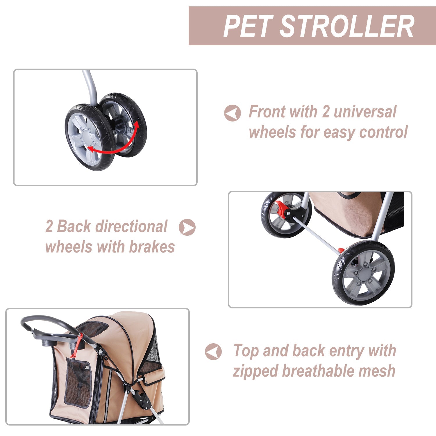 4 Wheel Dog Pet Stroller Dog Cat Carrier Folding Sunshade Canopy with Brake, Brown Dog Bike Trailers & Strollers   at Gallery Canada