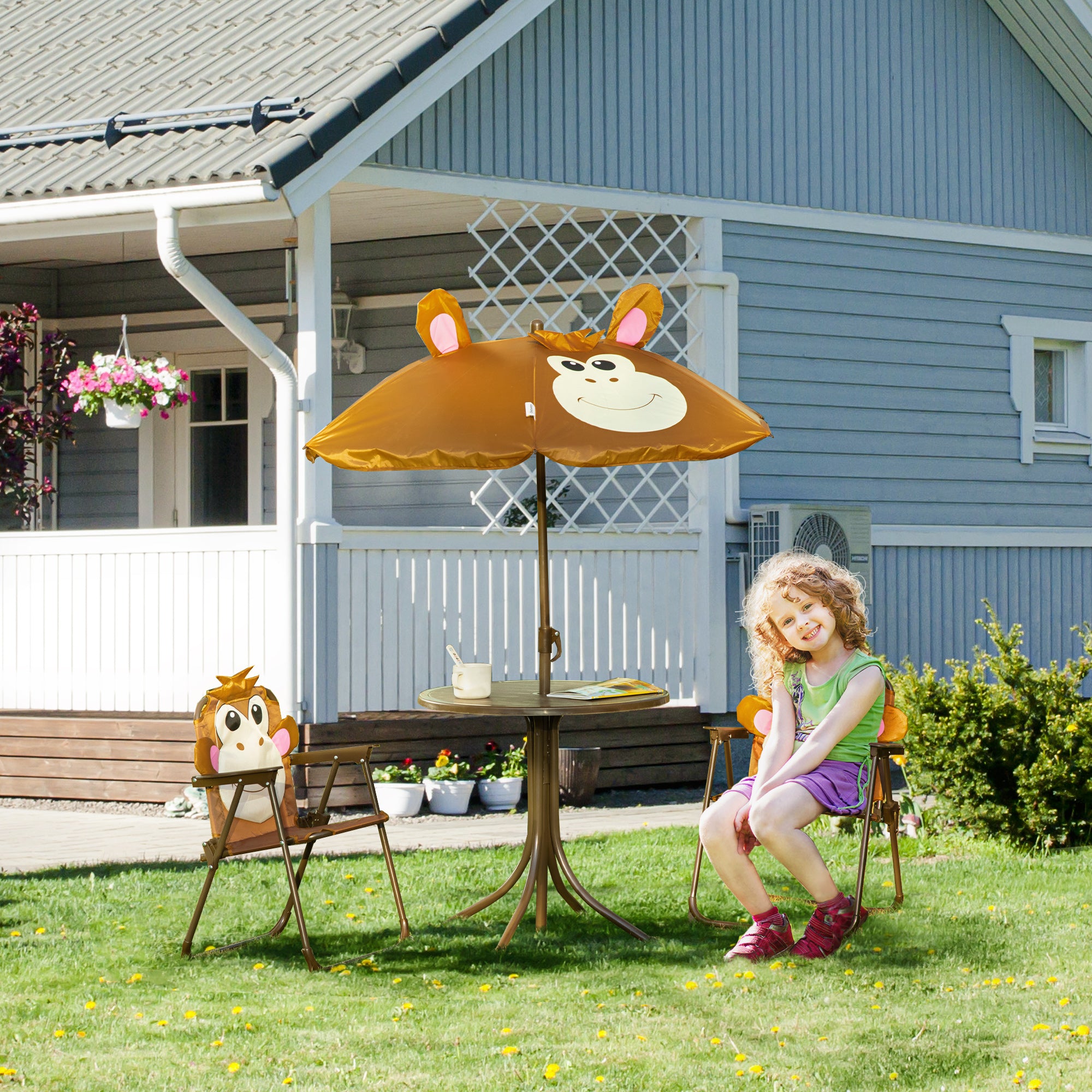 Kids Folding Picnic Table and Chair Set Pattern Outdoor Garden Patio Backyard with Removable &; Height Adjustable Sun Umbrella Brown Kids Outdoor Furniture at Gallery Canada