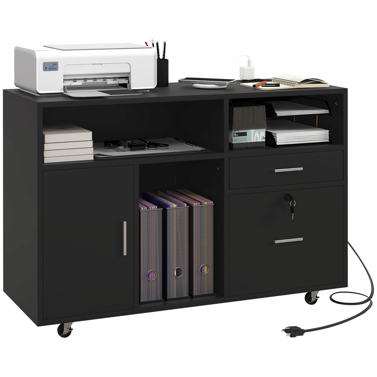 Mobile Printer Stand with Charging Station and USB Ports, Locking Filing Cabinet for A4 and Letter Size, Black Office Cabinets & Cupboards at Gallery Canada