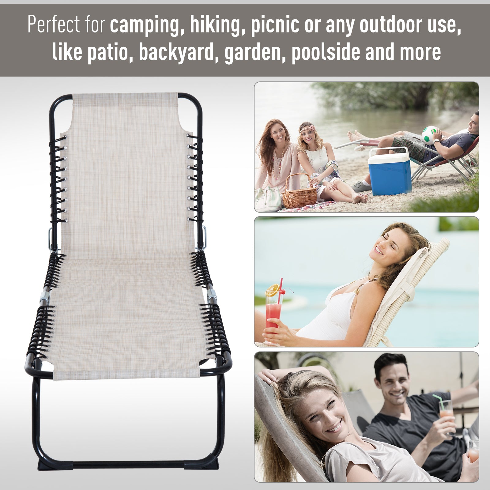 4-Level Adjustable Folding Outdoor Lounge Chair with Mesh for Beach, Beige Lounger Chairs   at Gallery Canada