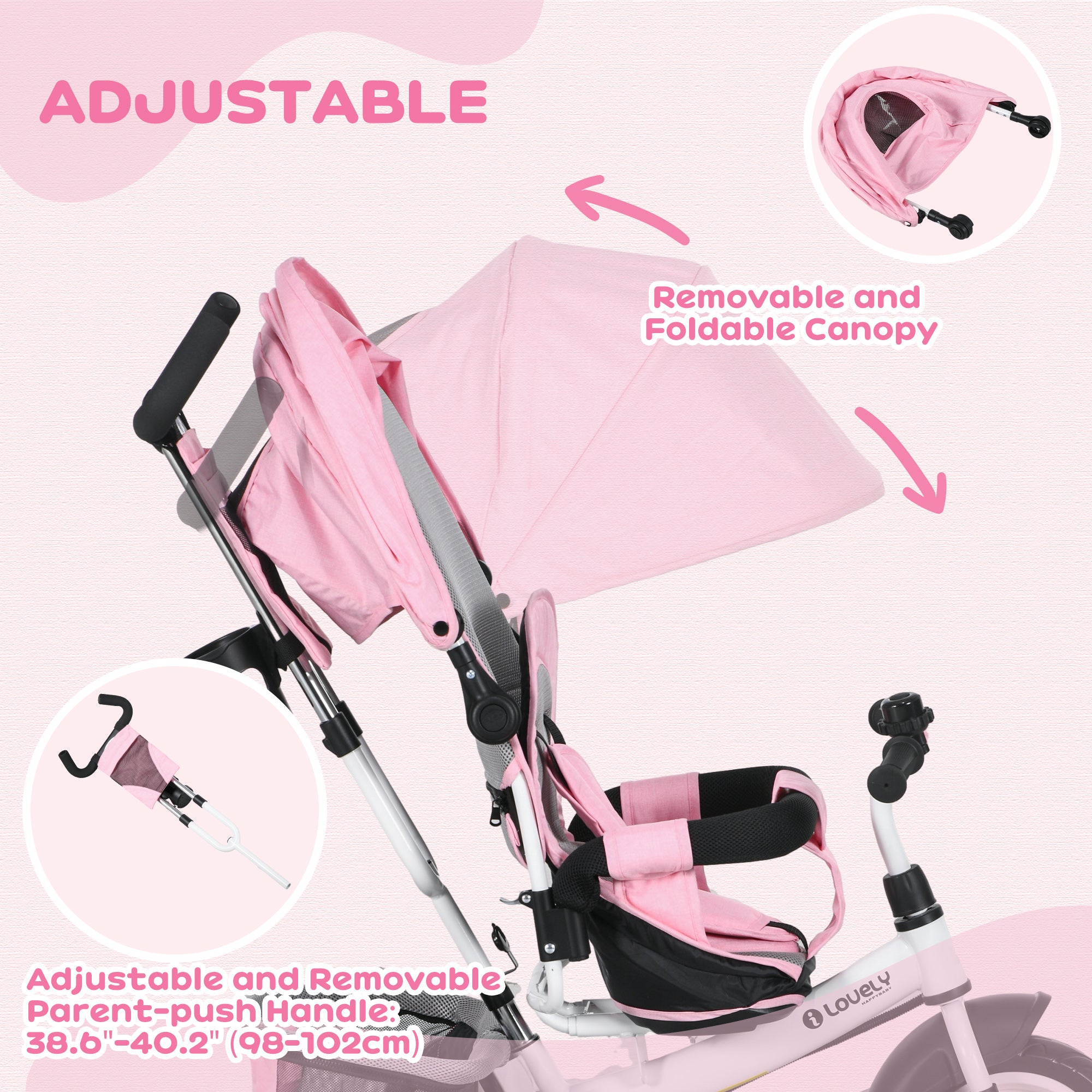 4 in 1 Tricycle for Toddler 1-5 Years with Parent-Push Handle, Pink Tricycles for Kids   at Gallery Canada