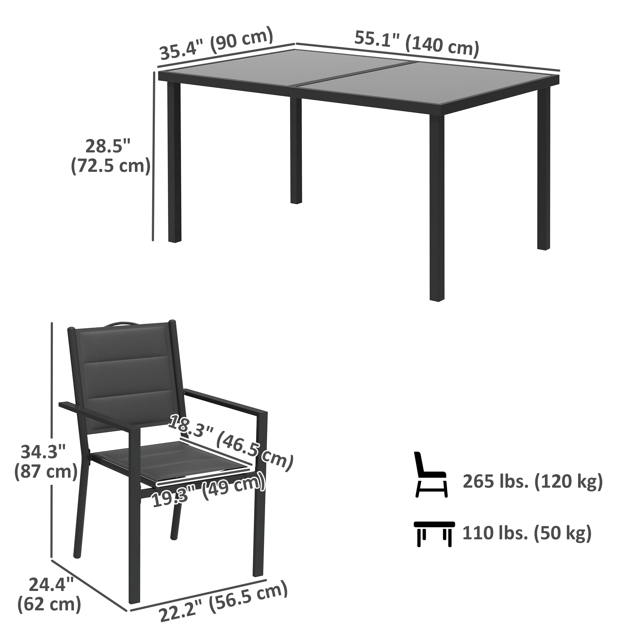 5 Piece Outdoor Dining Set w/ 4 Stackable Chairs, Rectangle Table, Tempered Glass Top, Steel Frame, Black Outdoor Dining Sets at Gallery Canada